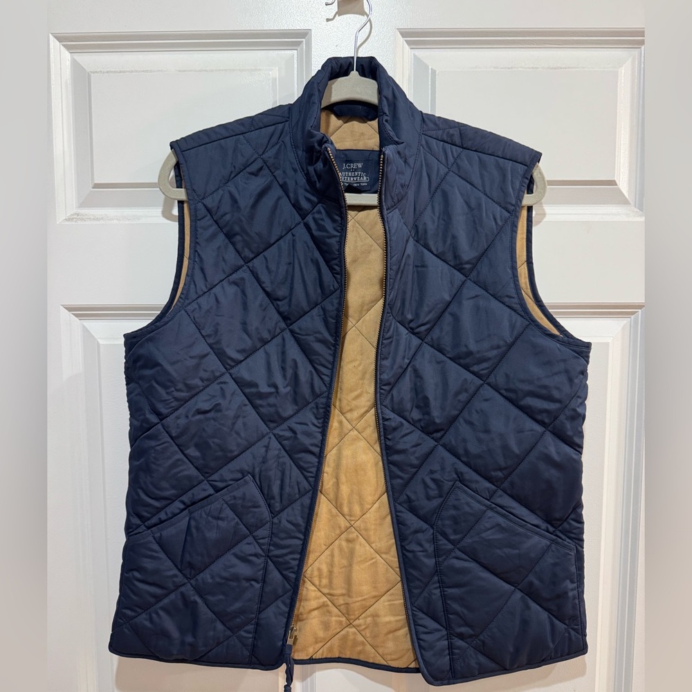 J. Crew Navy Quilted Vest with Tan Lining.